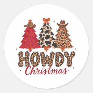 Sticker Rond Joyeux Noël Arbres Fourrure Chapeaux de Cowboy Léo
