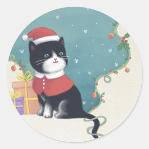 Sticker Rond Joyeux Noël : Art d'illustration de chat