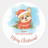 Sticker Rond Joyeux Noël au Corgi Mignon (Devant)