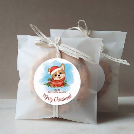 Sticker Rond Joyeux Noël au Corgi Mignon