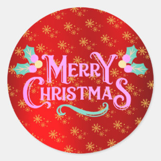 Sticker Rond Joyeux Noël avec des flocons de neige sur fond rou
