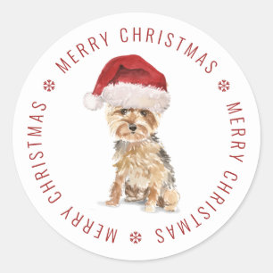 Sticker Rond Joyeux Noël avec un Yorkshire Terrier mignon