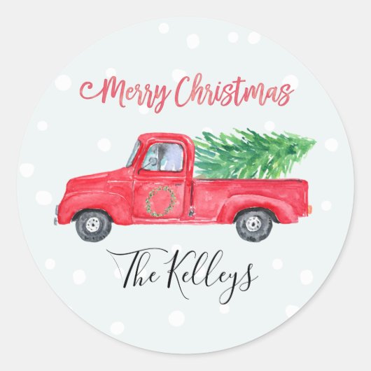 Sticker Rond Joyeux Noël | Balise cadeau de camion rouge Retro (Devant)