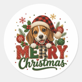 Sticker Rond Joyeux Noël Beagle Mignon