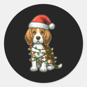 Sticker Rond Joyeux Noël Beagle Père Noël Lumières de Noël Chie