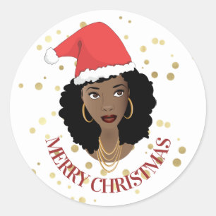 Sticker Rond Joyeux Noël Black Woman Red Santa Hat Gold Dot