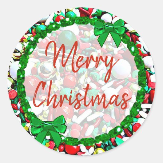 Sticker Rond Joyeux Noël blanc, Rouge Vert Vacances arrosées (Devant)