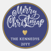 Sticker Rond Joyeux Noël bleu blanc or (Devant)