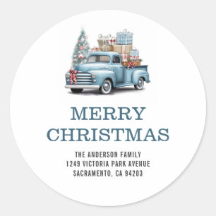 Sticker Rond Joyeux Noël Bleu Camion Famille Adresse de retour