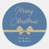 Sticker Rond Joyeux Noël Bleu et crème Ruban manuscrit (Devant)