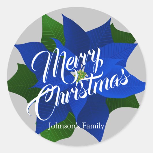 Sticker Rond Joyeux Noël - Bleu Poinsettia Noël (Devant)