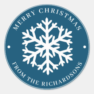 Sticker Rond Joyeux Noël Bleu rond blanc flocon de neige