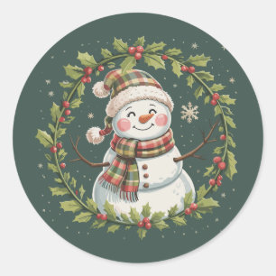 Sticker Rond Joyeux Noël Bonhomme de Neige Hiver Saison Fêtes