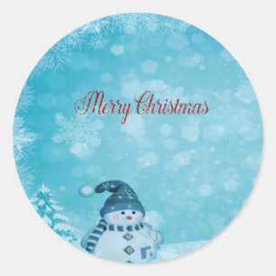 Sticker Rond Joyeux Noël, bonhomme de neige mignon arbre de pin