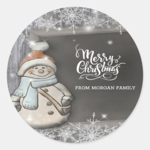 Sticker Rond Joyeux Noël,Bonhomme de neige mignon,Flocons de ne