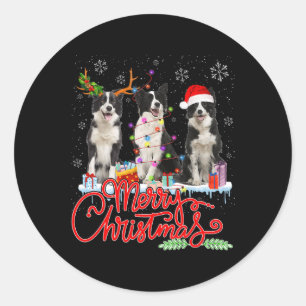 Sticker Rond Joyeux Noël Bordure Collie Père Noël Reindeer Ligh