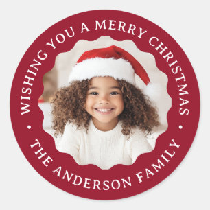 Sticker Rond Joyeux Noël bordure ondulée photo rouge foncé prof