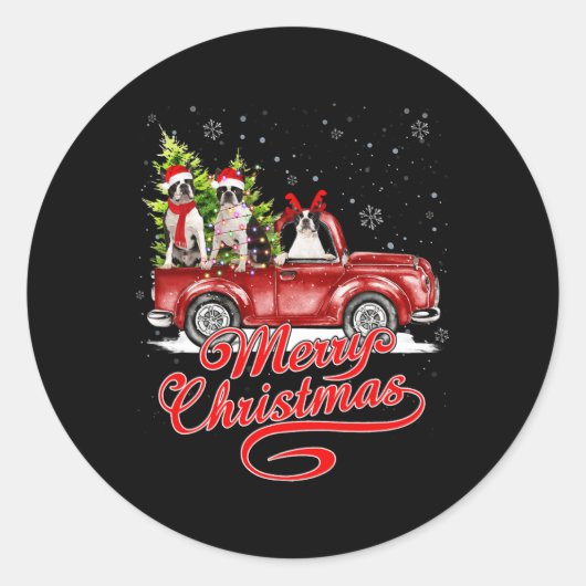Sticker Rond Joyeux Noël Boston Terrier Chiens Père Noël Reinde (Devant)