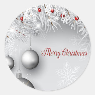 Sticker Rond Joyeux Noël, boules argentées, branches,flocons de