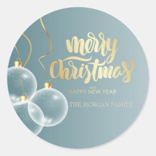 Sticker Rond Joyeux Noël Boules Bleu Vacances