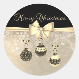 Sticker Rond Joyeux Noël, boules de Noël, flocons de neige, nœ