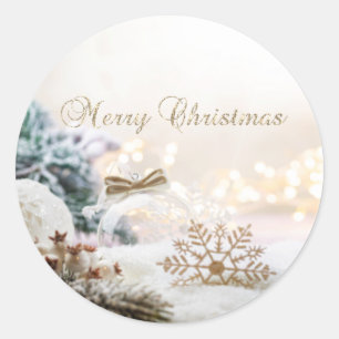 Sticker Rond Joyeux Noël, boules de Noël, flocons d'or