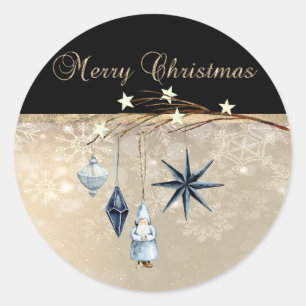 Sticker Rond Joyeux Noël, boules sur les branches, Père Noël