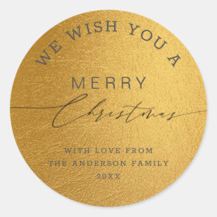 Sticker Rond Joyeux Noël Calligraphie Chic Feuille D'or Luxe