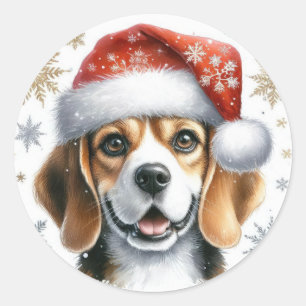 Sticker Rond Joyeux Noël Chapeau de Père Noël Beagle Mignon Amo