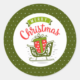 Sticker Rond Joyeux Noël Chariot Rouge Vert Motif Flocon de Nei