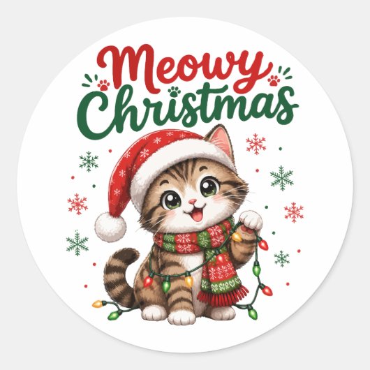 Sticker Rond Joyeux Noël Chat Mignon Vacances (Devant)