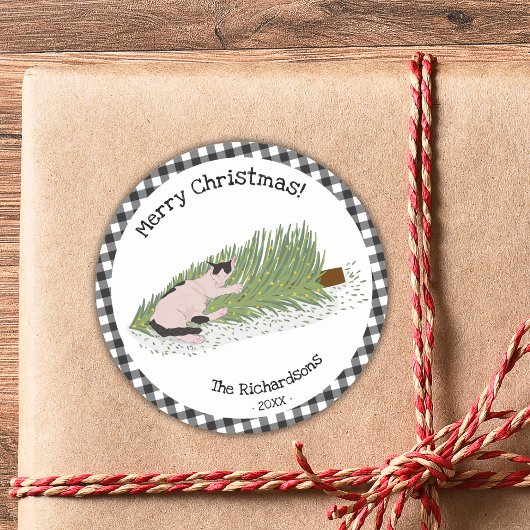 Sticker Rond Joyeux Noël Chat noir & blanc En vichy