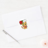 Sticker Rond Joyeux Noël | Chat orange avec Poinsettia (Enveloppe)
