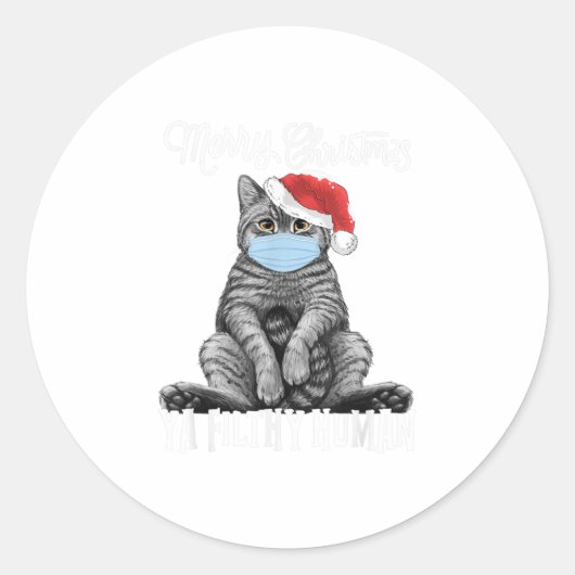 Sticker Rond Joyeux Noël Chat visage Masque Kitten Père Noël (Devant)