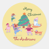 Sticker Rond Joyeux Noël Chien Ice Patinage Nom Pastel Jaune (Devant)