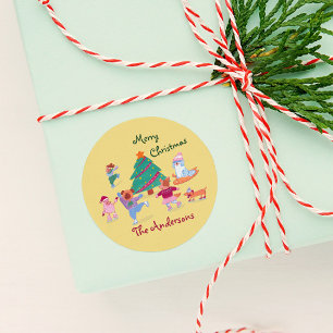 Sticker Rond Joyeux Noël Chien Ice Patinage Nom Pastel Jaune