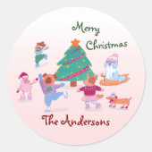 Sticker Rond Joyeux Noël Chien Ice Patinage Nom Pink Gift (Devant)