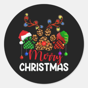 Sticker Rond Joyeux Noël Chien Paws Lumières Buffalo Plaid Leop