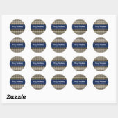 Sticker Rond Joyeux Noël classique Plaid Bleu Blanc (Feuille)