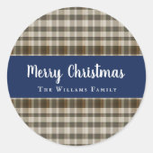 Sticker Rond Joyeux Noël classique Plaid Bleu Blanc (Devant)