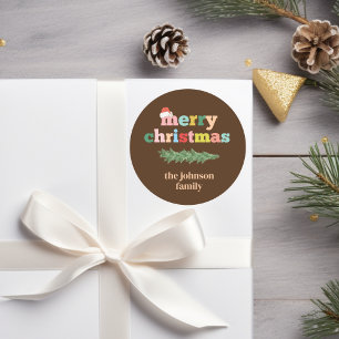 Sticker Rond Joyeux Noël! Coloré, typographie, chapeau santa