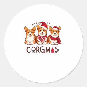 Sticker Rond Joyeux Noël Corgi Chien Père Noël Love Corgis Fami