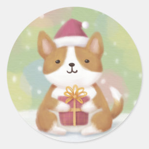 Sticker Rond Joyeux Noël : Corgi Illustration Art