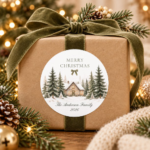 Sticker Rond Joyeux Noël Cottage Hivernal Cosy Famille Olive