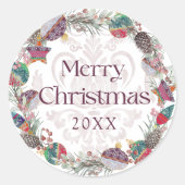 Sticker Rond Joyeux Noël Couronne de Botanical & Baubles (Devant)