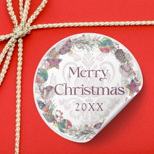 Sticker Rond Joyeux Noël Couronne de Botanical et de Baubles