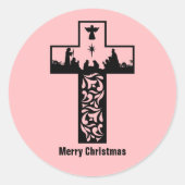 Sticker Rond Joyeux Noël crèche croix rose (Devant)