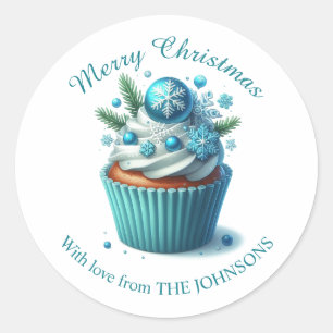 Sticker Rond Joyeux Noël Cupcake bleu avec chevalet d'amour