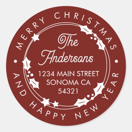 Sticker Rond Joyeux Noël Custom Script Adresse Wreath Red (Devant)