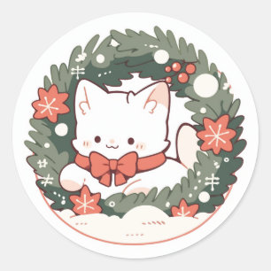 Sticker Rond Joyeux Noël Cute Kitty Chat